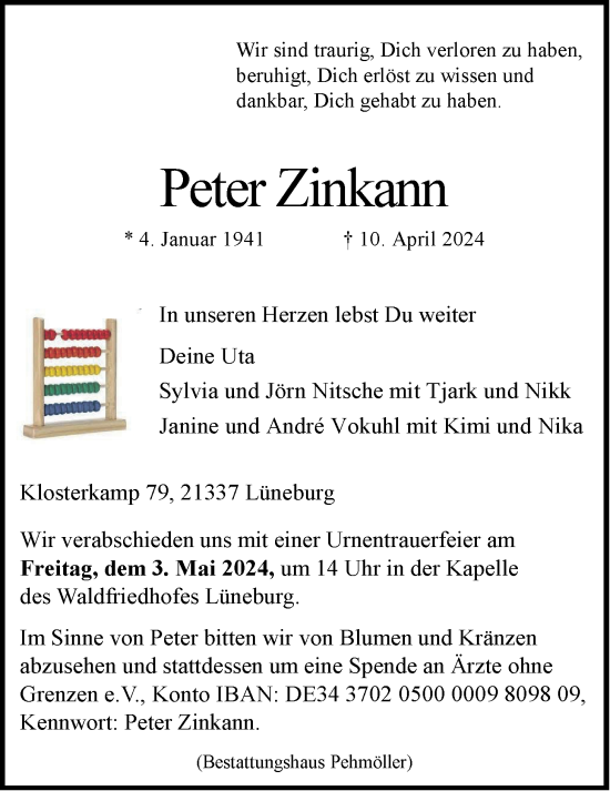 Anzeige von Peter Zinkann von LZ